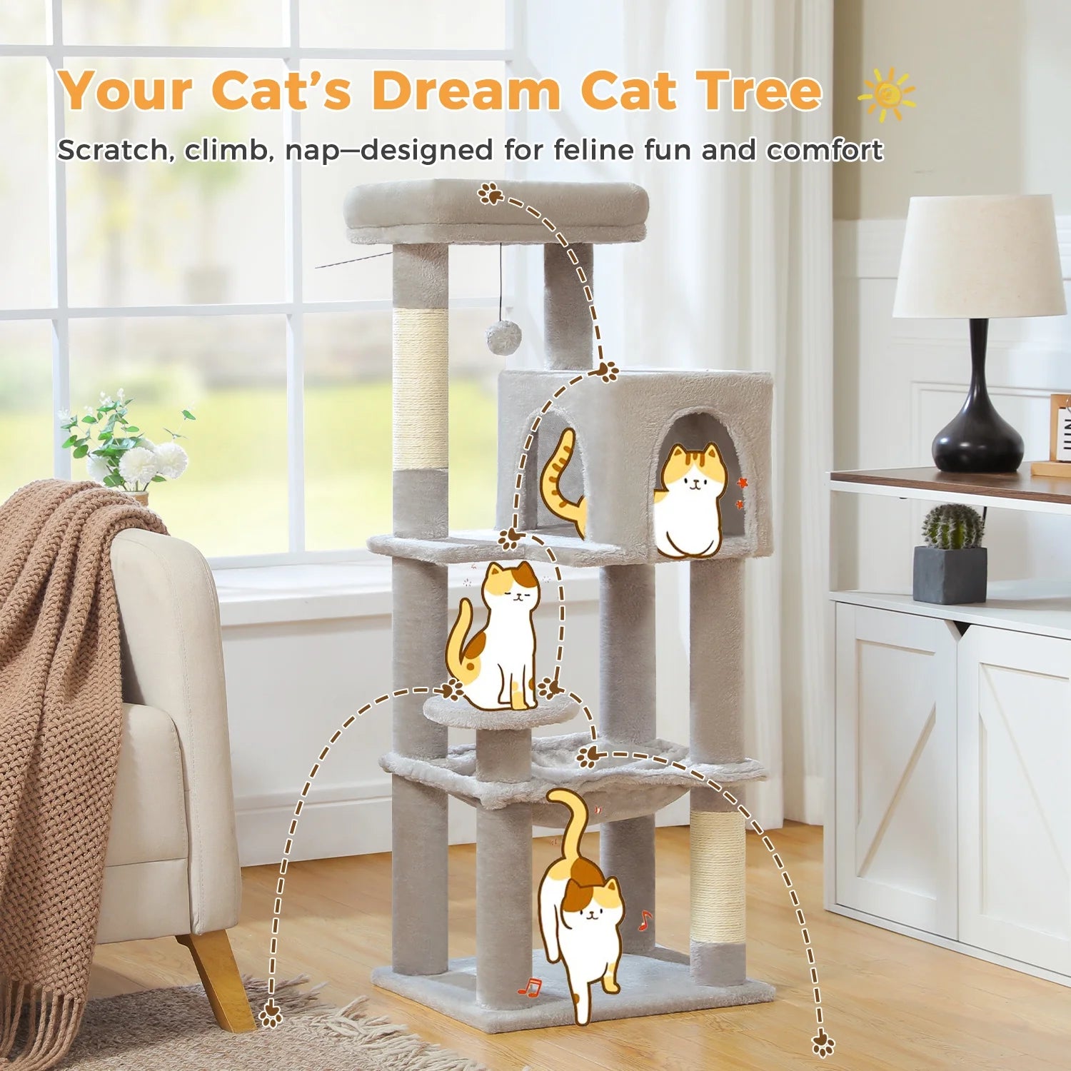 Cat Tree 46” for Indoor Small Cats Multi-Level Cat Tower with Scratching Posts, Perch and Hammock, Gray