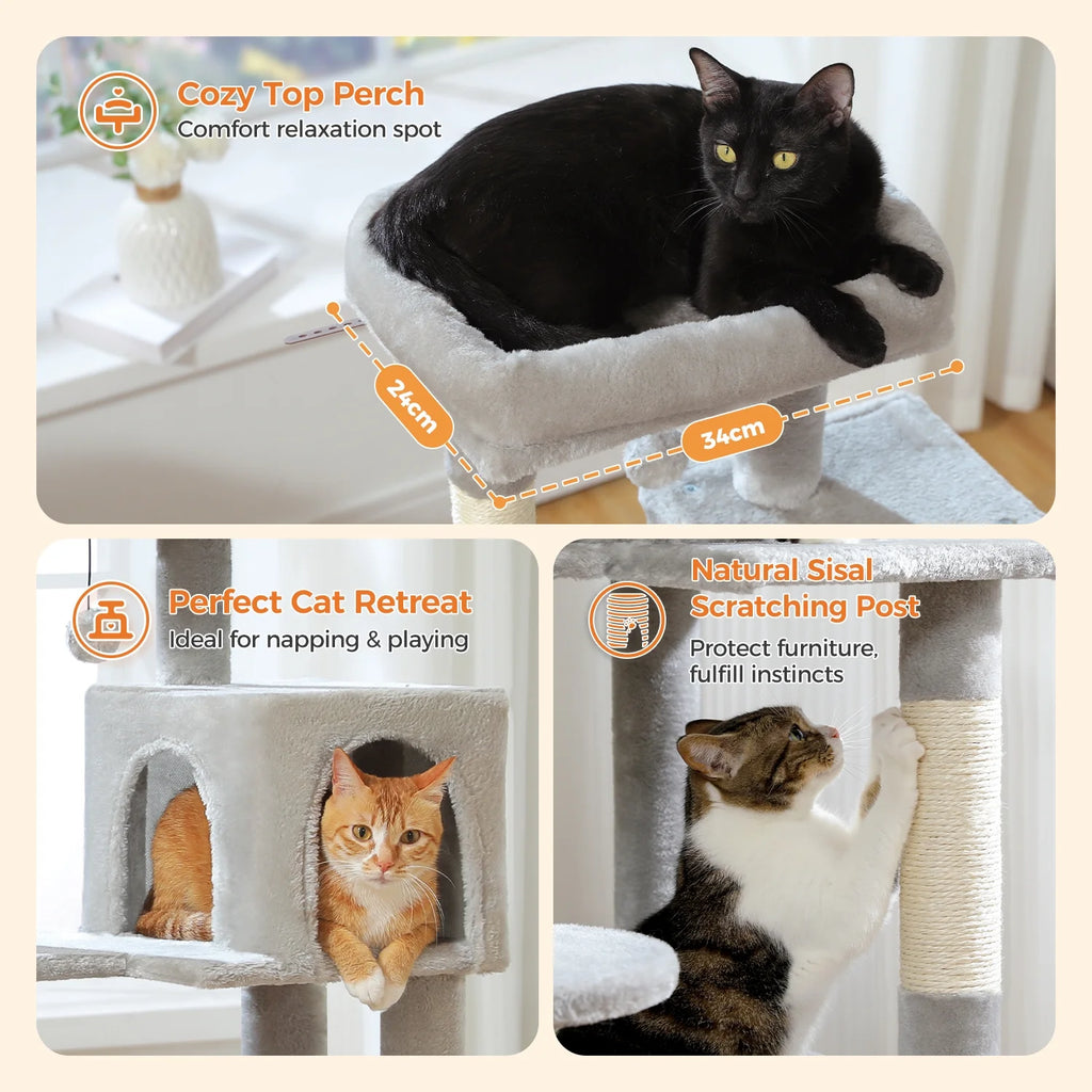 Cat Tree 46” for Indoor Small Cats Multi-Level Cat Tower with Scratching Posts, Perch and Hammock, Gray