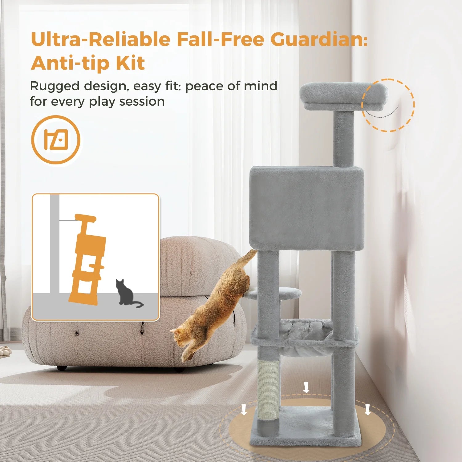 Cat Tree 46” for Indoor Small Cats Multi-Level Cat Tower with Scratching Posts, Perch and Hammock, Gray